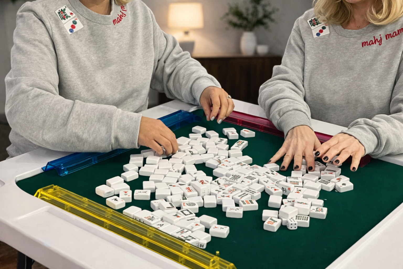 Two people playing mahjong with custom embroidered mahjong sweatshirt by karzplayz